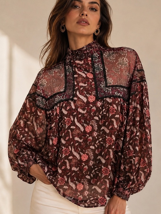 Zara Tops - Zara ZW Collection Burgundy Floral Sheer High-Neck Blouse
